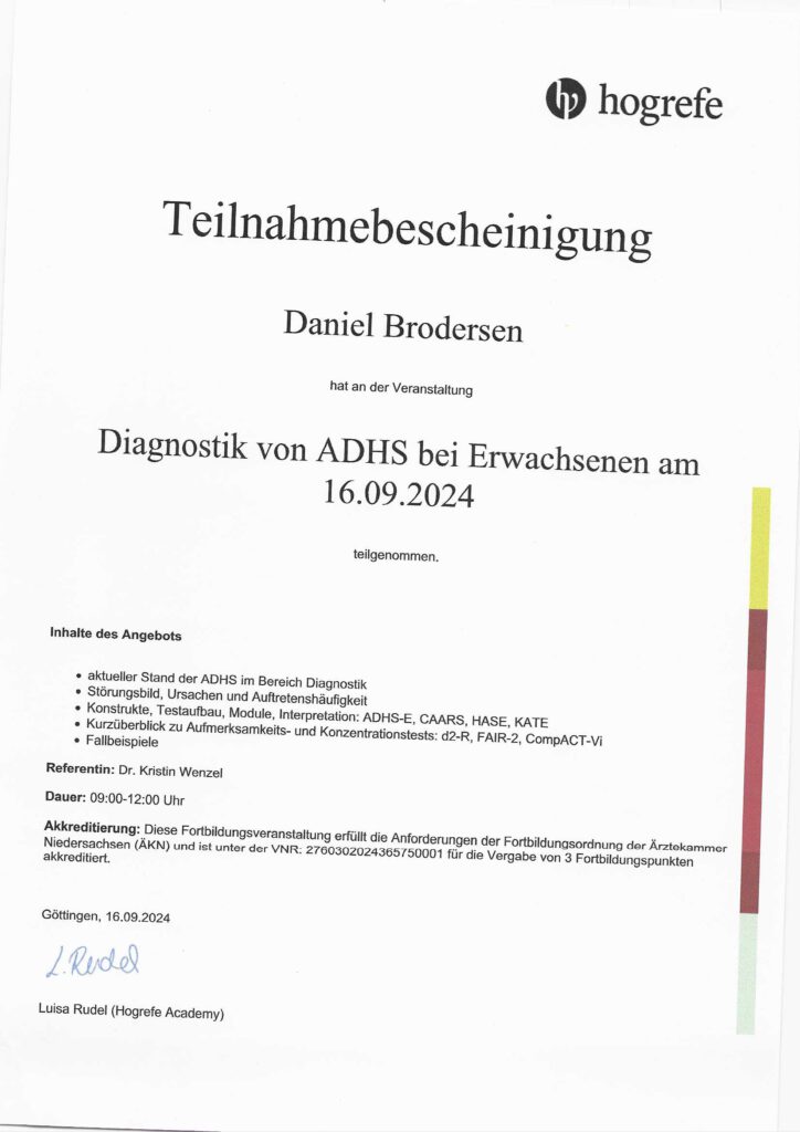 ADHS Diagnostik Erwachsene Teilnehmerzertifikat